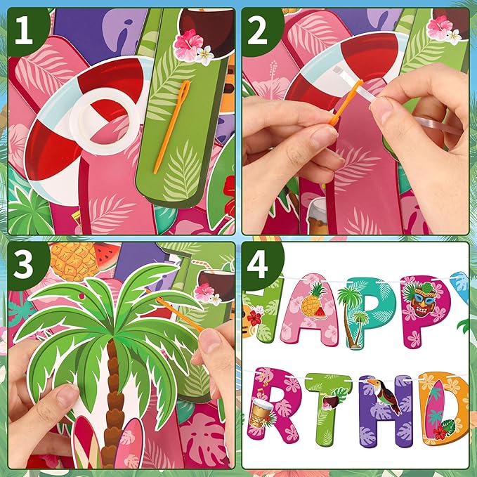 Hawaiian Party Happy Birthday Banner Tropical Luau Birthday Banner