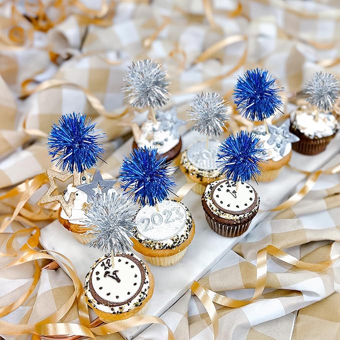 Gyufise 30Pcs Foil Firework Cupcake Toppers Sparkle Tinsel Cake