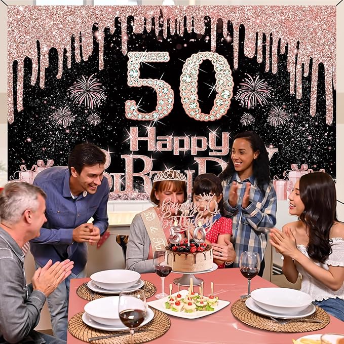 50th Birthday Decorations for Her with Banner Rose Gold Tablecloth