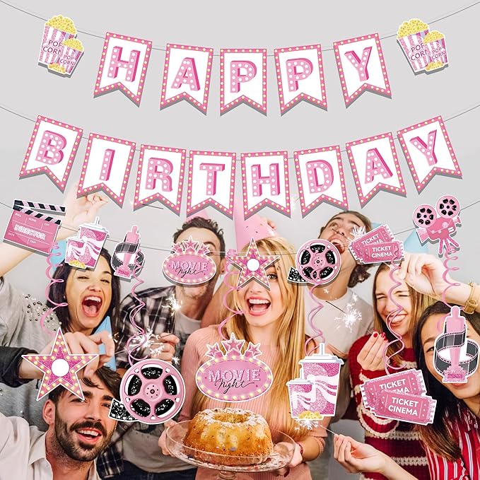 Pink Movie Night Party Decorations Kit 2pcs Popcorn Camera & Film