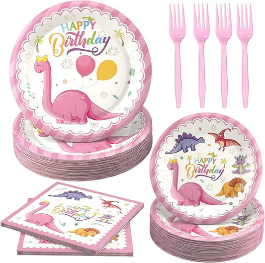 120 Pcs Pink Dinosaur Birthday Party Plates Napkins Girls Dinosaur