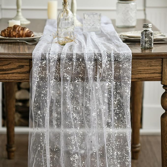 Artoid Mode 3Pcs White Silver Gauze Table Runner 120 Inch 10FT,