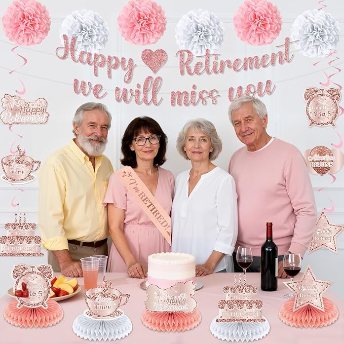 20pcs Retirement Party Decorations for Women Pink Rose Gold Happy