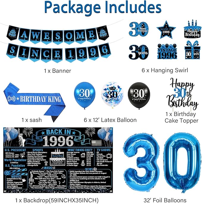 30th Birthday Decorations for Men 20PCS Black Blue Back in 1996