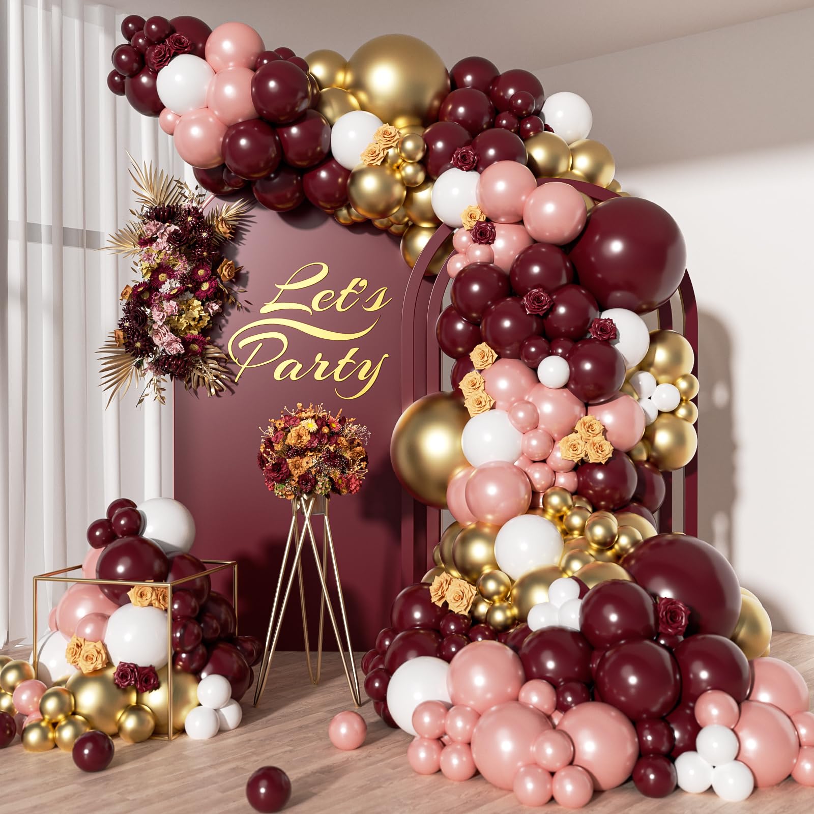 142pcs Burgundy Balloon Arch Garland Kit with Metallic Rose Gold