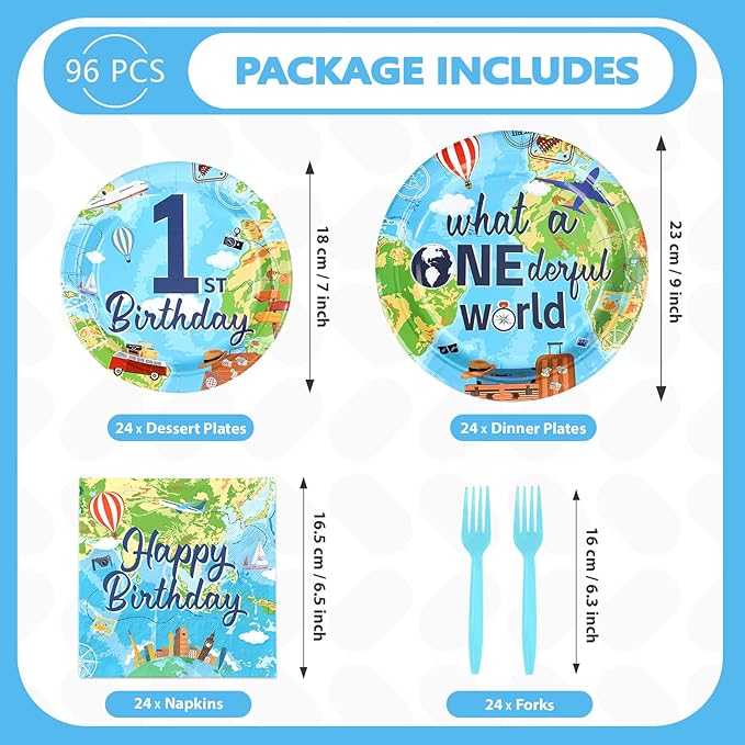96Pcs Travel Theme 1st Birthday Party Supplies Adventure Awaits