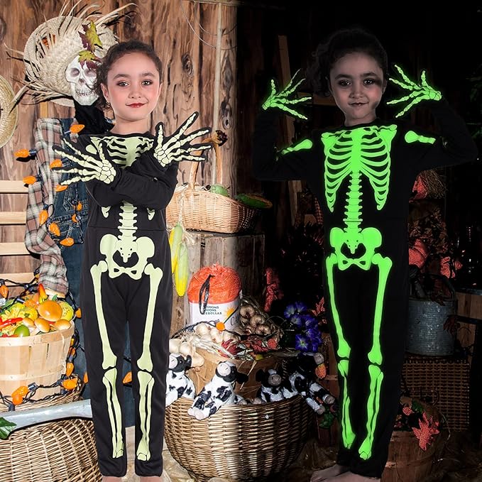 Kids Halloween Skeleton Costumes Glow in The Dark with Gloves for