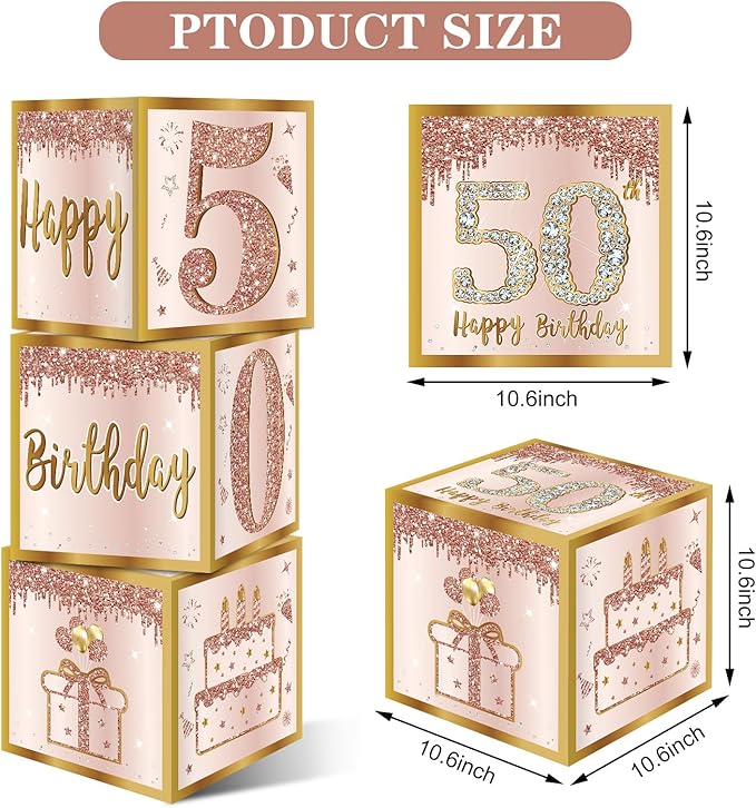 3Pcs 50th Birthday Decorations Boxes for Women Pink Rose Gold 50th