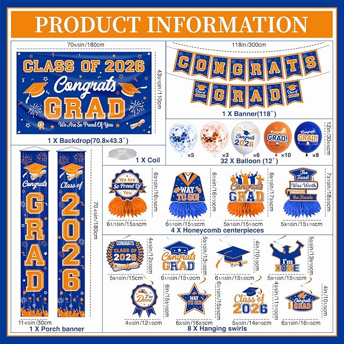 Graduation Decorations 2026 Blue and Orange Graduation Party Decor
