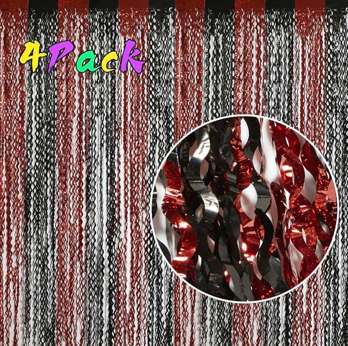 4 Pack Sparkle Red and Black Fringe Curtain - 3.3x6.6 Feet Tinsel