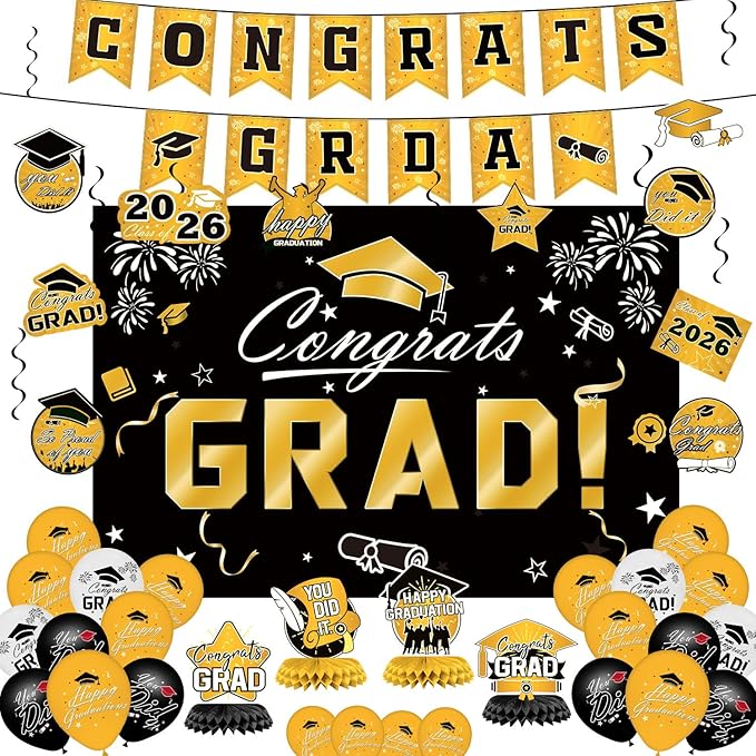 Graduation Decorations 2026 Set - Gold Themed Congrats Grad Banner,
