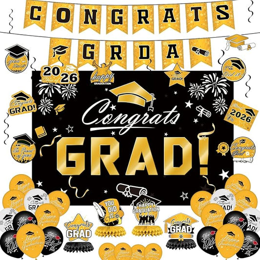Graduation Decorations 2026 Set - Gold Themed Congrats Grad Banner,