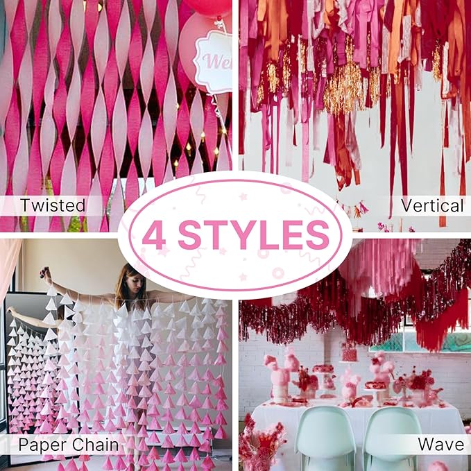PartyWoo Pink and Red Crepe Paper Streamers 4 Rolls 328 ft Pack of
