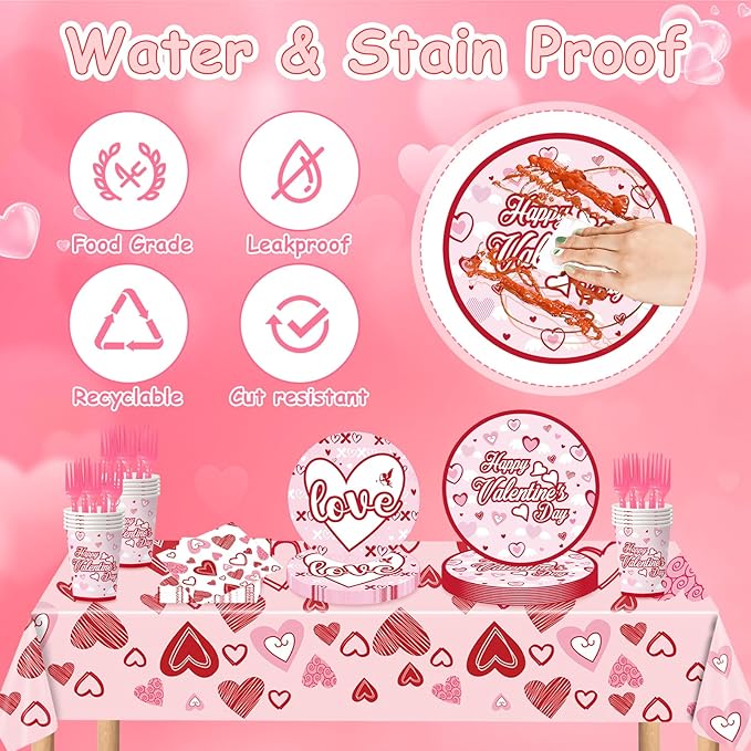 122PCS Valentine's Day Party Supplies Pink Heart Paper Plates
