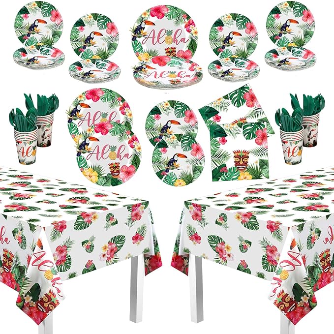 170 Pcs Hawaiian Luau Party Supplies Aloha Plates and Napkins Party
