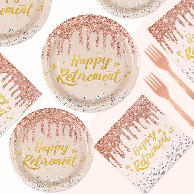 96 Pcs Rose Gold Retirement Party Supplies Pink Happy Retirement