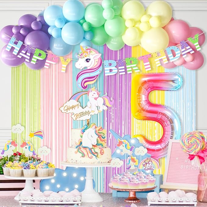 Unicorn 5th Birthday Party Decorations Rainbow Banner Balloons No.5