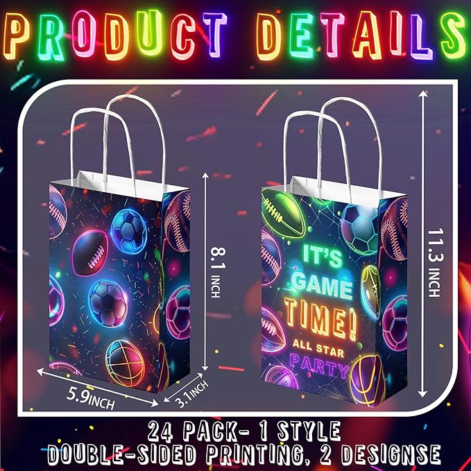 24 Pack Neon Sports Party Favor Bags for Kids Glow in the Dark