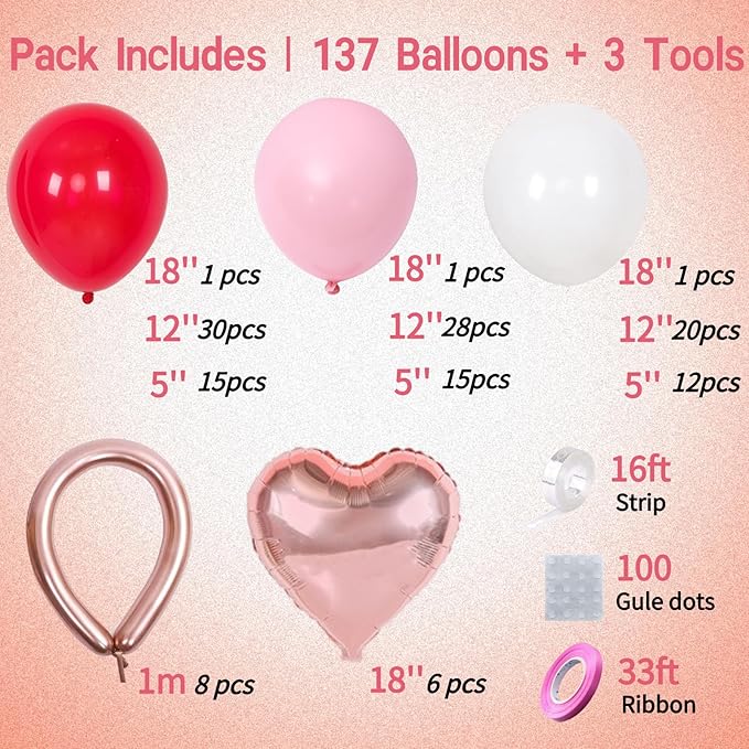 137 Pcs Valentines Day Balloon Arch Kit Red Pink White Matte Latex &