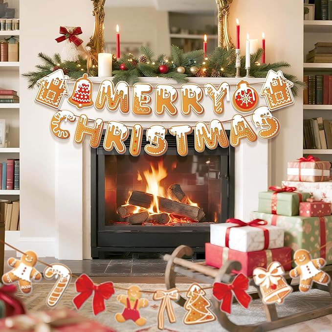 Merry Christmas Banner Gingerbread Christmas Hanging Decoration 3PCS