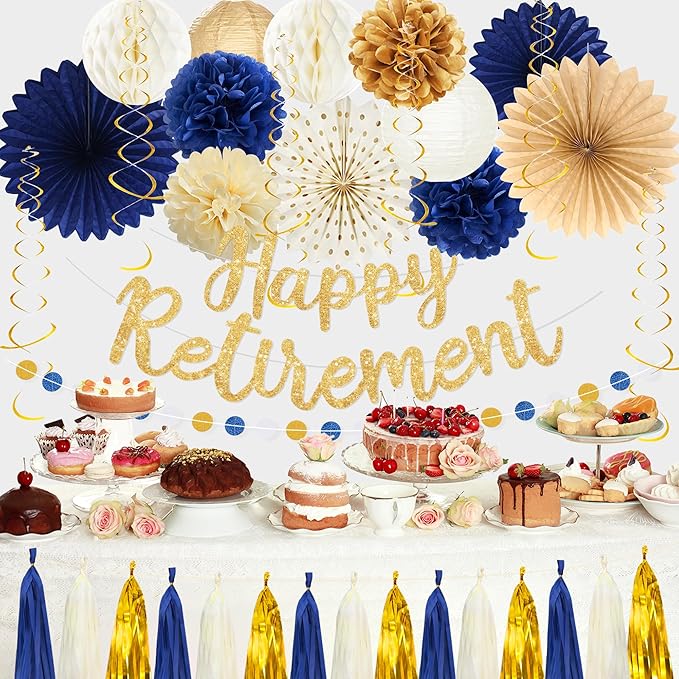 Roetyce Retirement Party Decorations Women Men, Blue Gold Happy