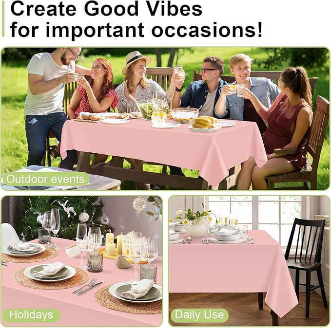QIKSION Blush Pink Plastic Table Cloth Disposable 3 Pack, 54 x 108