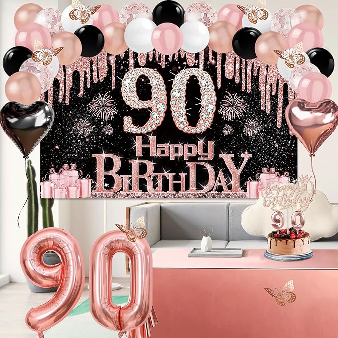 90th Birthday Decorations for Women 49pcs Black Rose Gold Black