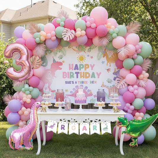 Dinosaur Balloon Garland Arch Kit Pastel Pink green and purple with