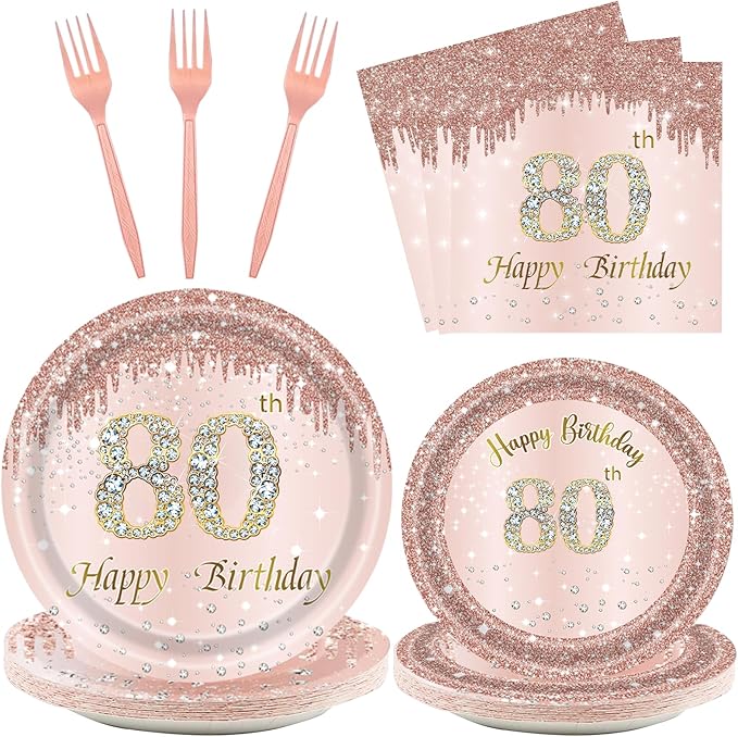 24 Sets 80th Rose Gold Birthday Party Decrations for Women 80