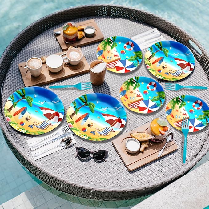 96 Pcs Beach Party Supplies Summer Beach Plates and Napkins Set