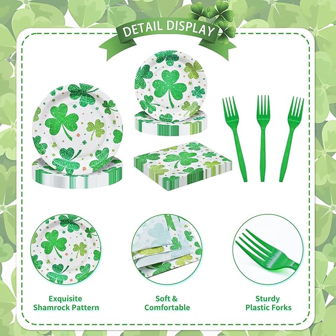 96 Pieces St Patrick's Day Shamrock Tableware Party Supplies