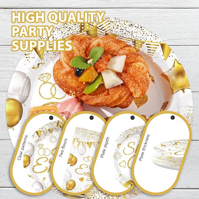 96 Pcs Happy Engagement Party Supplies White and Gold Engagement