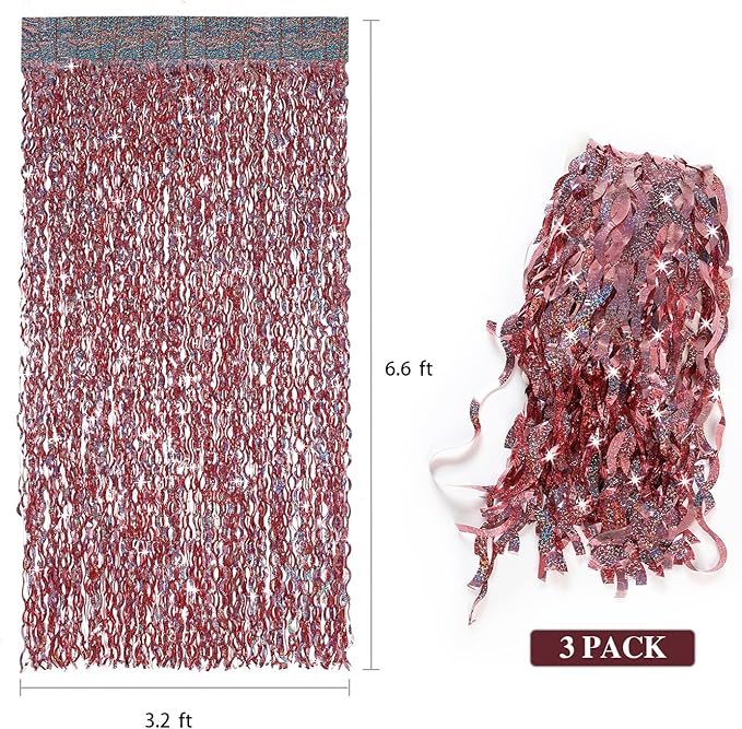 3 Pack 3.3 ft x 6.6 ft Tinsel Curtain CYLMFC Rose Gold Birthday