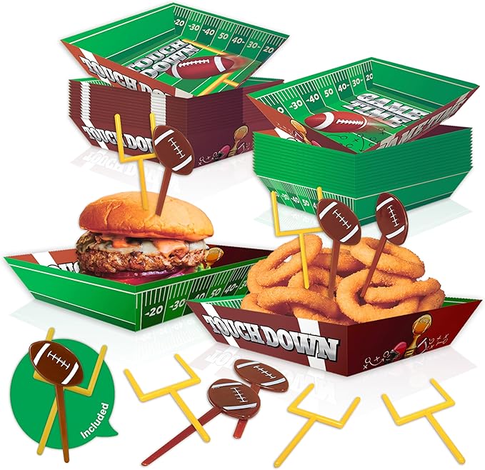 50 Piece Football Party Food Tray Box Kit 30 Oil Resistant Paper