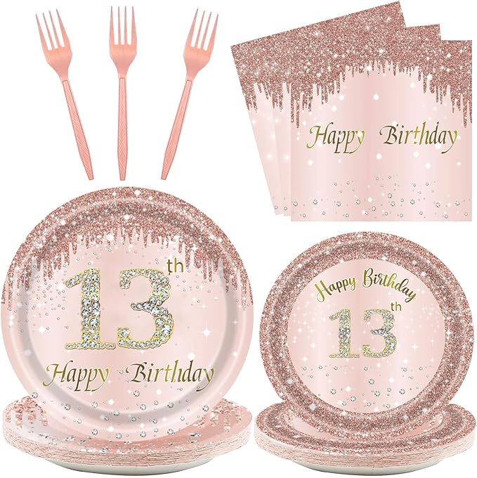 24 Sets 13th Rose Gold Birthday Party Decrations for Girls 13