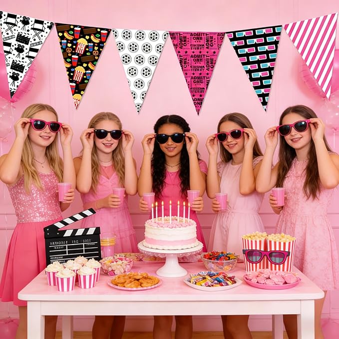 5PCS Pink Movie Night Party Decorations Pennant Banner 49Ft Theater