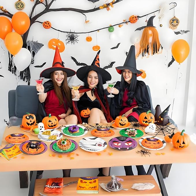180 Pcs Halloween Paper Plates and Napkins Set 4 Design Pumpkin