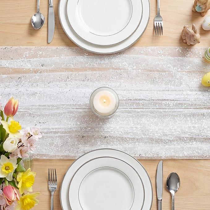 Artoid Mode White Silver Gauze Table Runner 59x120 Inch 10FT, Glitter