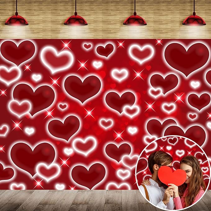 Red Heart Photo Backdrop Valentines Decorations 10x8FT Early 2000s
