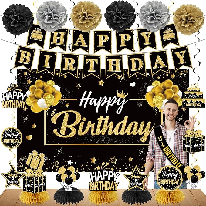 20Pcs Black and Gold Birthday Party Decorations Kit for Men Women
