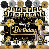20Pcs Black and Gold Birthday Party Decorations Kit for Men Women