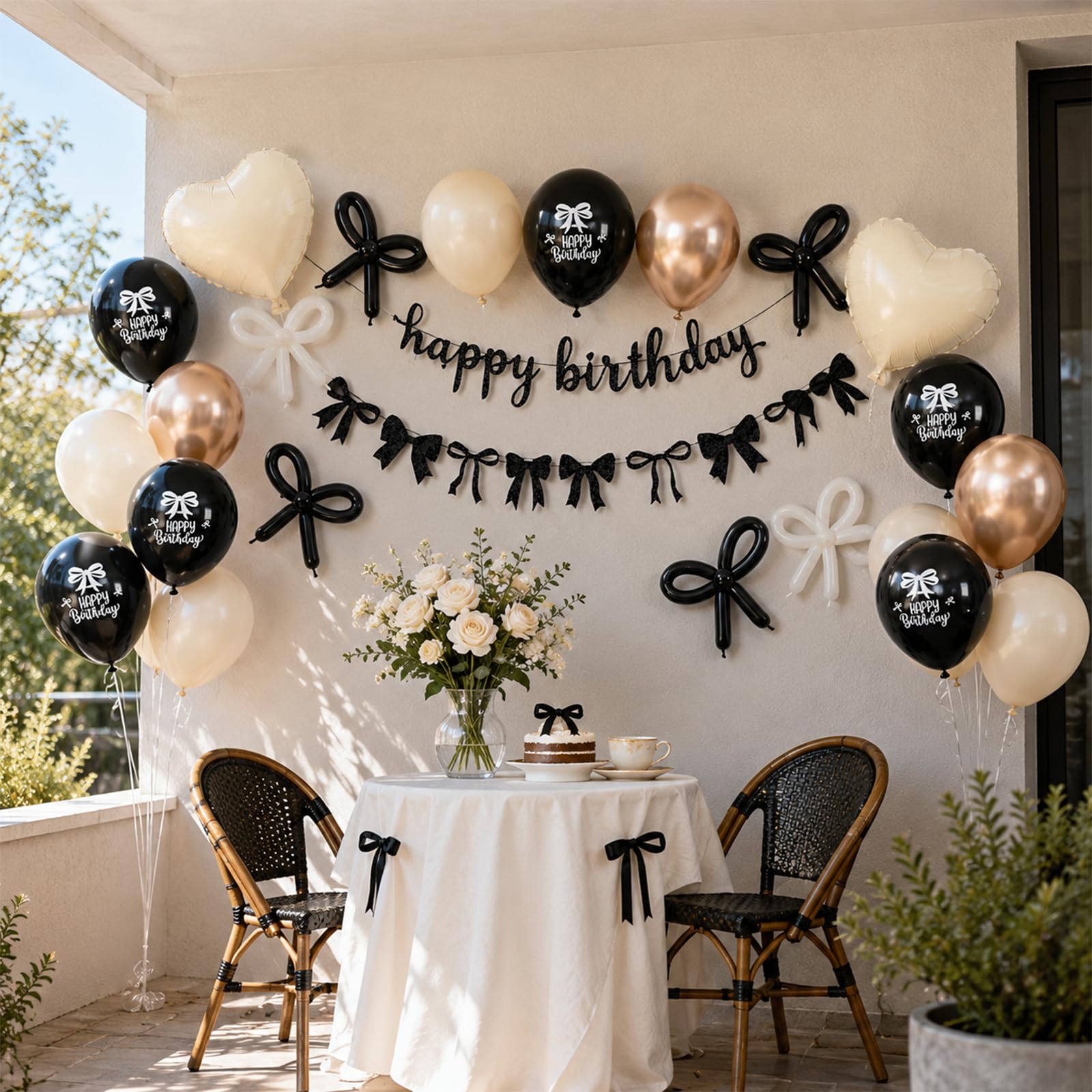 Black Gold Sand White Bow Birthday Decorations, Coquette Party Decor