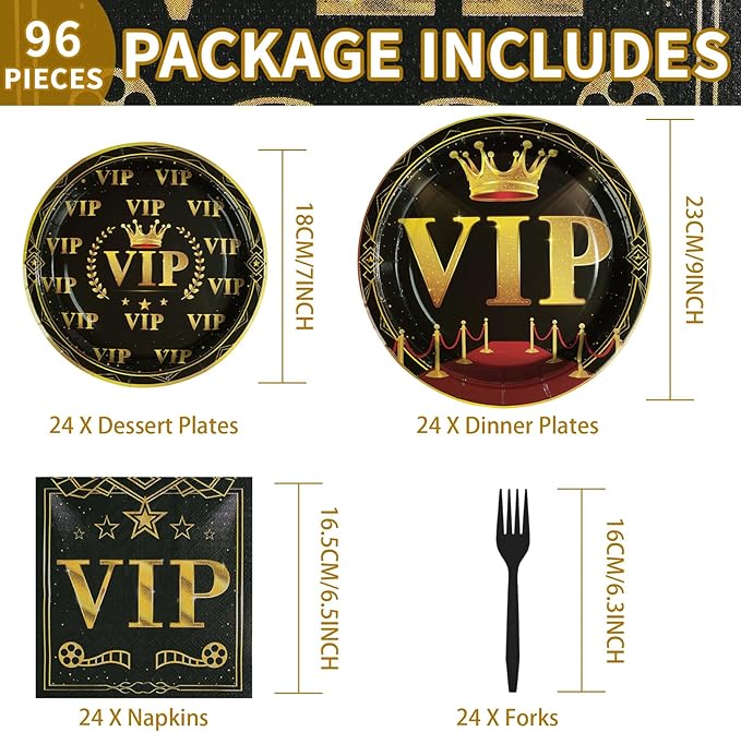 96 Pcs VIP Party Decoration Tableware 350 GSM Disposable Movie Night