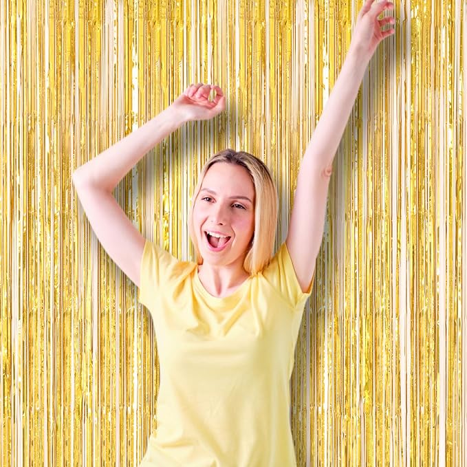 Voircoloria 3 Pack 3.3 x 8.2 ft Laser Gold Foil Fringe Backdrop