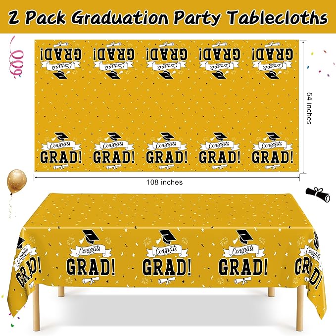 2 PCS 2026 Graduation Table Decorations, 108" X 54" Yellow Plastic