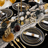 WDF Partyware 175PCS Black and Gold Plates - Black Disposable Plates
