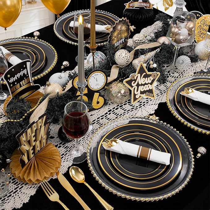 350 Pieces Black and Gold Plastic Plates with Disposable Silverware,