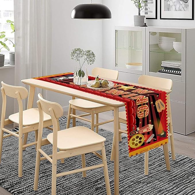 Movie Night Table Runner, Rustic Film Movie Theme Popcorn Tape Now