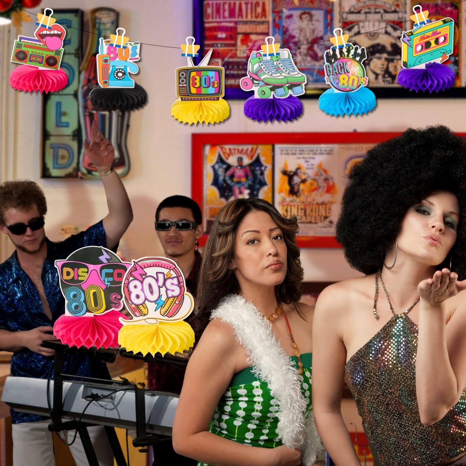9pcs Back to the 80s Honeycomb Centerpieces for 1980s Disco Party