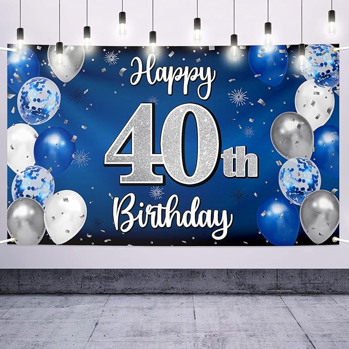 Happy 40th Birthday Decorations 40th Blue & Silver Balloon Large